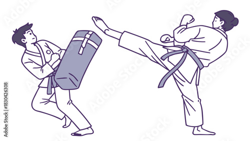 A person in a white martial arts uniform performing a high kick on a striking pad held by another person.