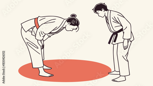 Two judo practitioners bowing to each other on a red mat, demonstrating respect.