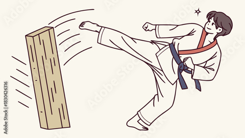 Illustration of a young man in a dobok performing a powerful kick to break a wooden board.