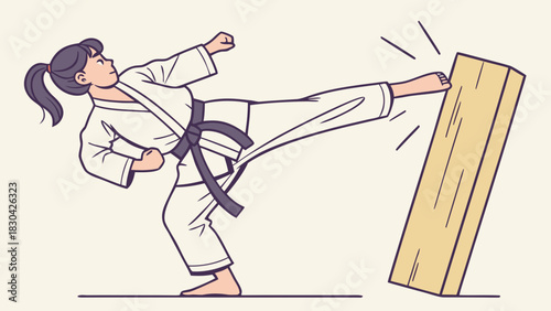 A young girl in a karate gi with a black belt performs a powerful high kick, breaking a wooden board in a martial arts demonstration.