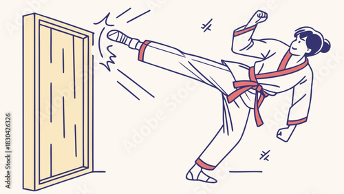 A person in martial arts attire performs a powerful kick, breaking a wooden door.