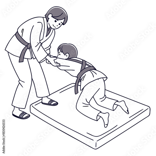 A judo instructor patiently teaching a young child a forward roll or technique on a training mat.