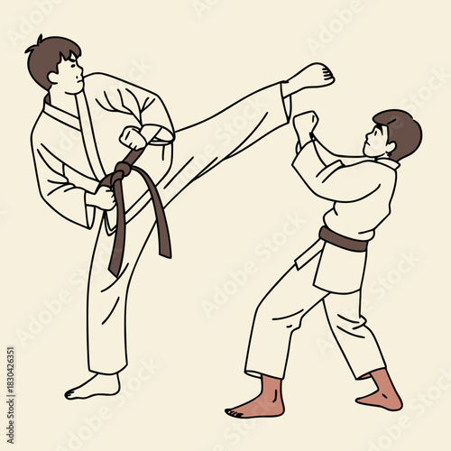 Illustration of two martial artists in uniform, one executing a powerful high kick towards the other.
