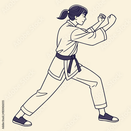 A young woman in a martial arts gi with a black belt in a fighting stance, side profile illustration.