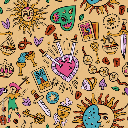 Tarot card seamless pattern. Bright background with tarot symbols. Fortune telling, magic. For Saints Day and Halloween. Sun, Moon. Sword, Heart, and Arrows. Magician