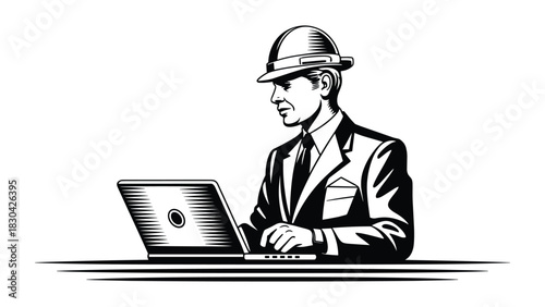 Vintage style gentleman in a suit and fedora hat typing on a laptop computer in a retro black and white illustration