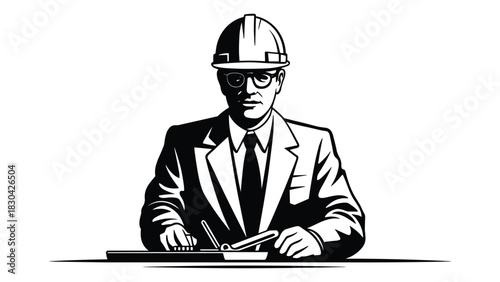 Professional architect or engineer wearing a hard hat and suit sitting at a desk with blueprints and tools in a vintage illustration style