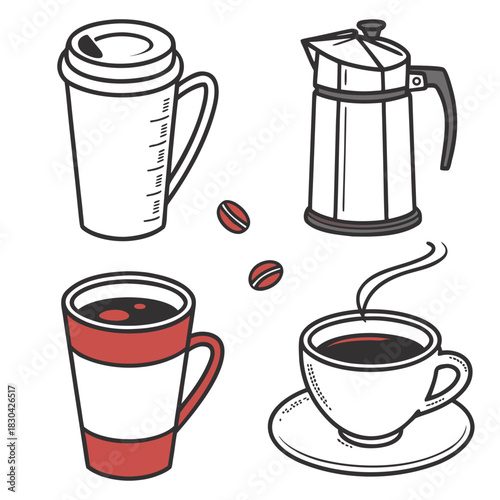 Collection of coffee cups beans and a moka pot illustration