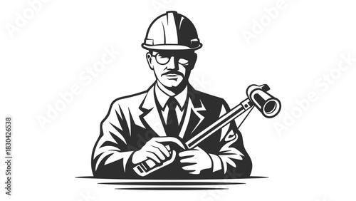 Vintage style illustration of a serious man in a hard hat and suit holding a gavel symbolizing authority and construction