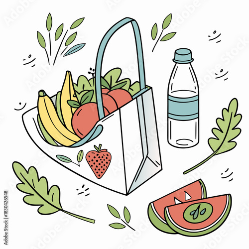 A tote bag filled with fruits and a water bottle illustration