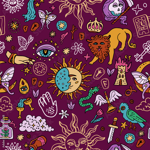Tarot card seamless pattern. Bright background with tarot symbols. Fortune telling, magic. For Saints Day and Halloween. Sun, Moon. Sword, Heart, and Arrows. Magician