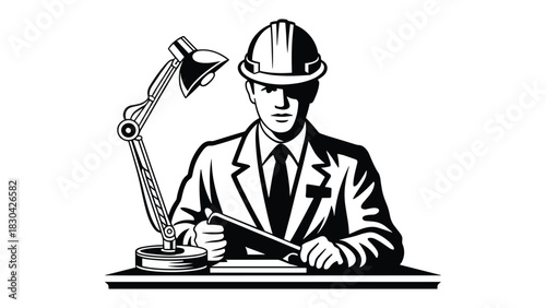 Professional architect or engineer wearing a hard hat and suit sitting at a desk with a blueprint and drafting tools under a desk lamp