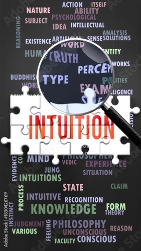 Intuition under magnifying glass, being researched, studied and examined. Most important subjects and ideas closely related to intuition written around a puzzle to symbolize complexity of intuition.