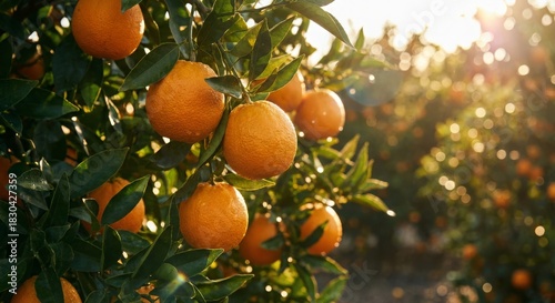 Ripe oranges hanging on tree branch in sunny citrus orchard
