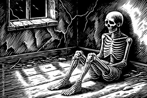 skeleton sits alone inside an abandoned house room with cracked walls, broken wood, thick dust layers, and dim soft light