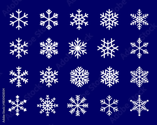 Vector set featuring sixteen unique white snowflake icons in various detailed shapes on a dark blue background, ideal for winter and Christmas designs.