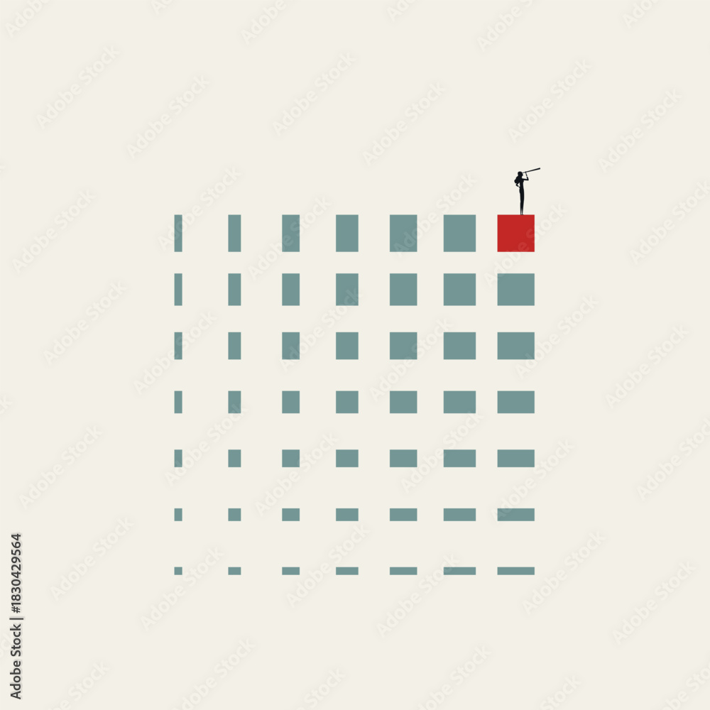 Naklejka premium Minimalist vector concept illustration of a businesswoman standing on a highlighted red square using a telescope. Represents market analysis, strategic vision, leadership, and finding opportunities.