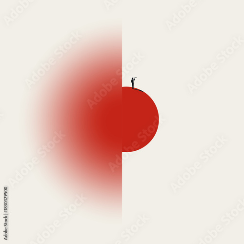 Minimalist concept vector illustration of a leader on a large red sphere using a telescope. Represents global vision, searching for new horizons, long-term goals, and strategic future planning.