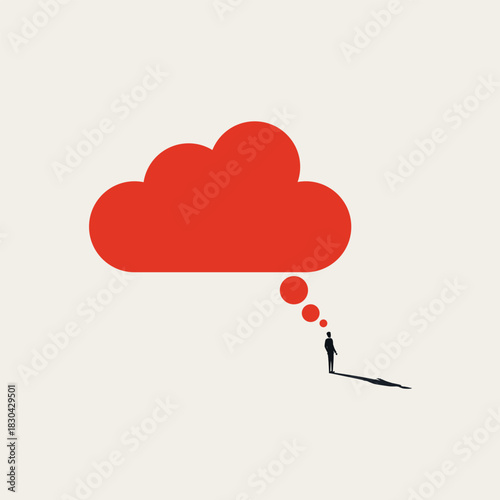 Minimalist vector concept illustration of a silhouette man looking up at a big red cloud thought bubble. Represents brainstorming, creativity, generating new ideas, planning, and mental focus.
