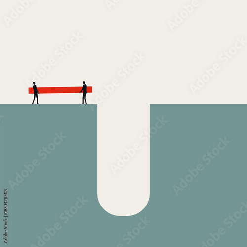 Minimalist concept vector art illustration of two businessmen carrying a plank over a deep chasm. This symbolizes teamwork, collaboration, partnership, and working together to solve problems.