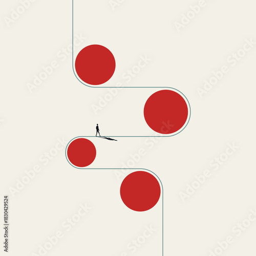 Minimalist vector concept illustration of a businessman walking along a winding path connecting red circles. Represents business process, workflow steps, timeline, and following a strategic route.
