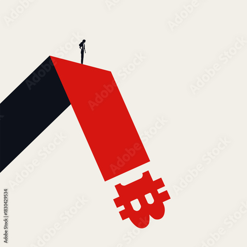 Minimalist vector concept illustration of a businesswoman observing a sharp decline in Bitcoin value. Represents cryptocurrency crash, financial risk, market volatility, and investment loss.
