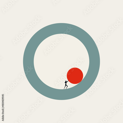 Minimalist vector concept illustration art of a businesswoman pushing a red ball endlessly inside a large circle. Symbolizes routine, repetition, the rat race, endless cycle, and hard work.
