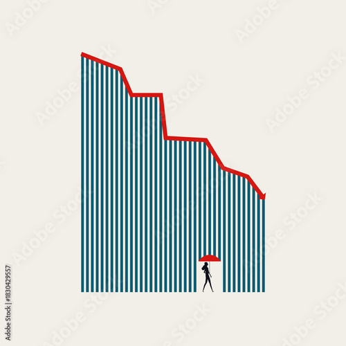 Minimalist vector concept illustration art of a woman with a red umbrella standing under a declining financial chart. Symbolizes protection from recession, insurance, safety, and risk management.