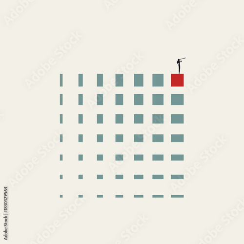 Minimalist vector concept illustration of a businesswoman standing on a highlighted red square using a telescope. Represents market analysis, strategic vision, leadership, and finding opportunities.