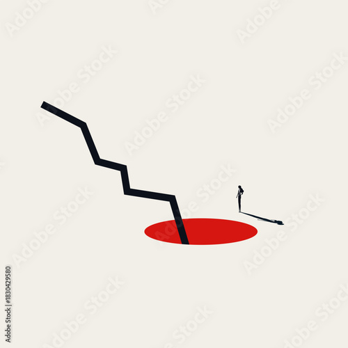 Minimalist vector concept illustration of a businesswoman looking at a declining stock market graph disappearing into a hole. Symbolizes recession, financial loss, and economic crisis.