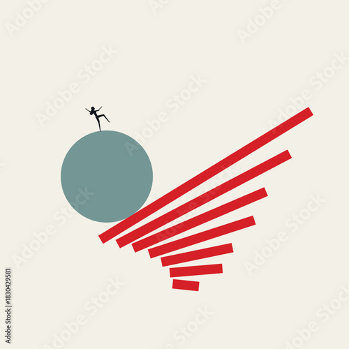 Minimalist vector art of a businesswoman struggling to keep balance on a ball rolling down unstable red planks. Symbolizes financial instability, disruption, and business risk.