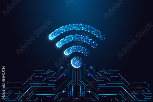 Futuristic glowing Wi-Fi signal over circuit board background, digital communication network vector
