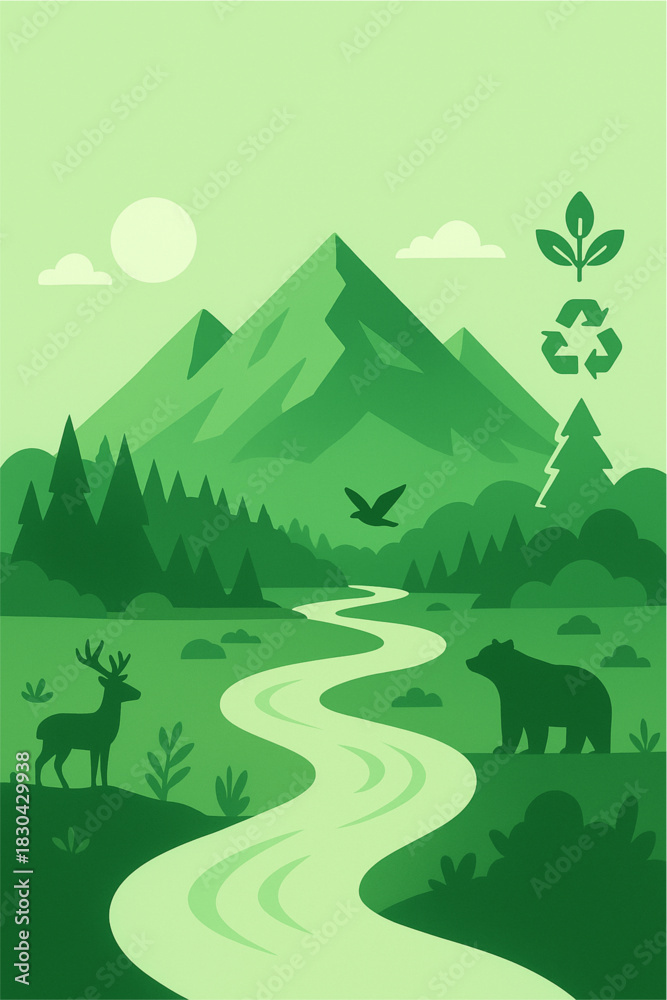 Obraz premium with prominent eco-friendly icons (leaf and recycle symbol) in the corner, symbolizing environmental protection, conservation, ecology, and sustainability.