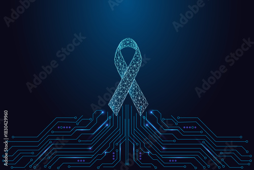 Glowing awareness ribbon on circuit board, digital health support and charity vector illustration