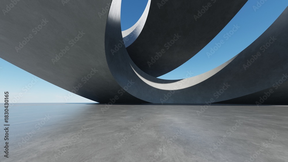 Naklejka premium Abstract curved architecture background, Empty exterior space with concrete floor, Futuristic modern building for car presentation backdrop, 3d rendering