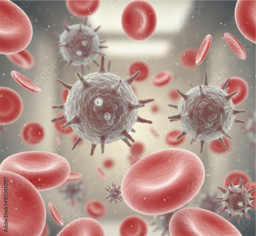 This is a microscopic illustration depicting a biological scene within the bloodstream. Large, spiky, greyish virus particles are shown floating among numerous red, biconcave red blood cells 