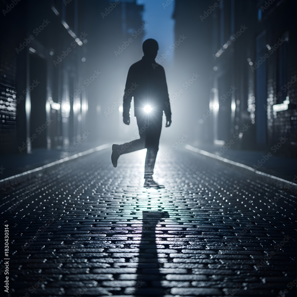 Obraz premium Mysterious silhouette walks through foggy urban street at night