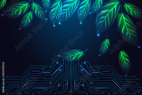 Glowing green digital leaves over blue circuit board, technology and nature connection vector design