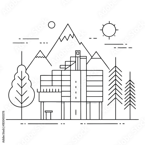 Minimal line-art illustration of a modern house in front of mountains