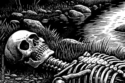 quiet skeleton lies near a smooth riverbank with flowing clear water, scattered stones, soft grass, and peaceful natural reflections
