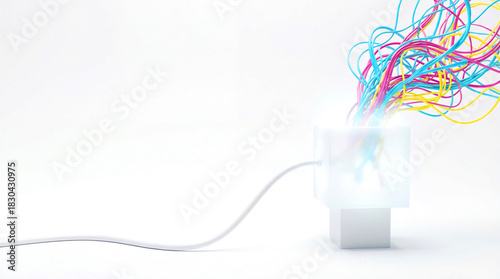 A white background with a colorful, tangled mass of wires coming out of a box