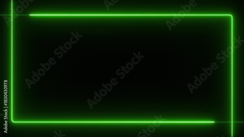 Abstract neon studio background, rectangular frame made of green moving neon lights for concert, gaming, live streaming, gradient web animation.