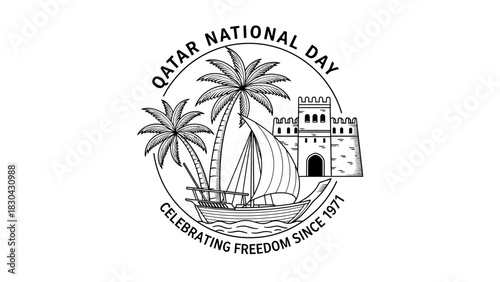Black and white emblem for Qatar National Day featuring palm trees, a dhow boat, and a fort, celebrating freedom since 1971.