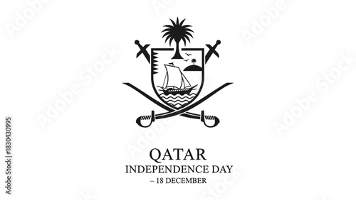 Black and white emblem for Qatar Independence Day on December 18, featuring a dhow, palm tree, and crossed swords.