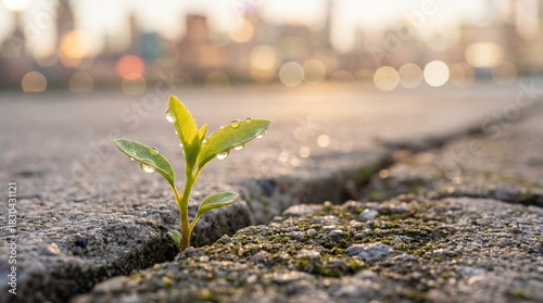 Fototapeta Naklejka Na Ścianę i Meble -  A small green plant is growing out of a crack in the sidewalk