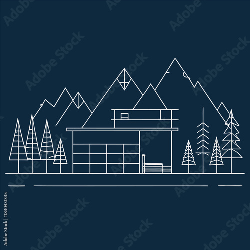 Minimal line-art illustration of a modern house in front of mountains