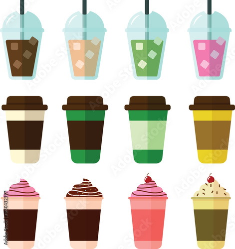Diverse collection of refreshing hot and cold beverage cups in a modern flat design vector illustration, showcasing coffee, tea, and sweet drinks for menus and advertisements