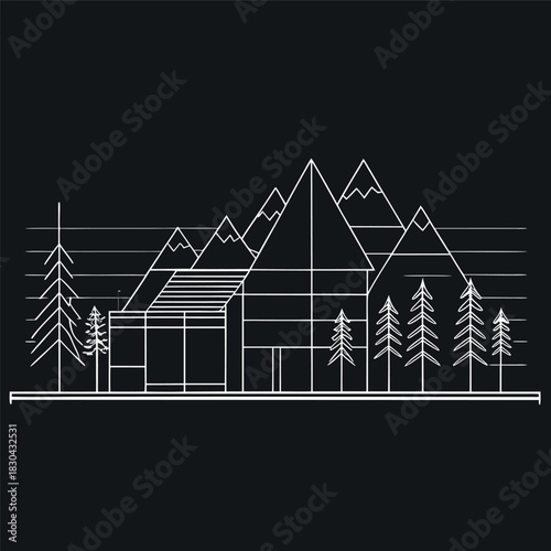 Minimal line-art illustration of a modern house in front of mountains