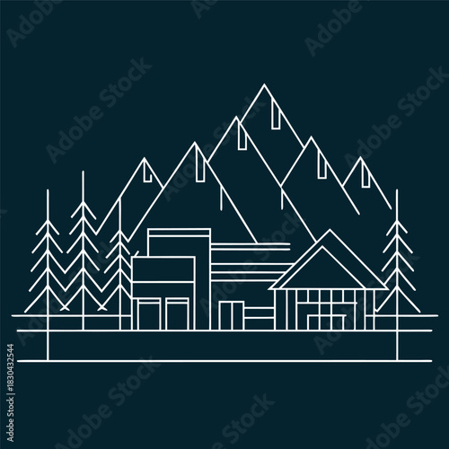 Minimal line-art illustration of a modern house in front of mountains