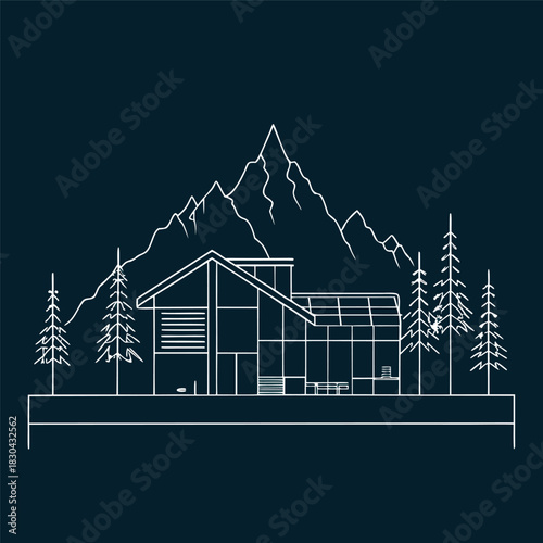 Minimal line-art illustration of a modern house in front of mountains